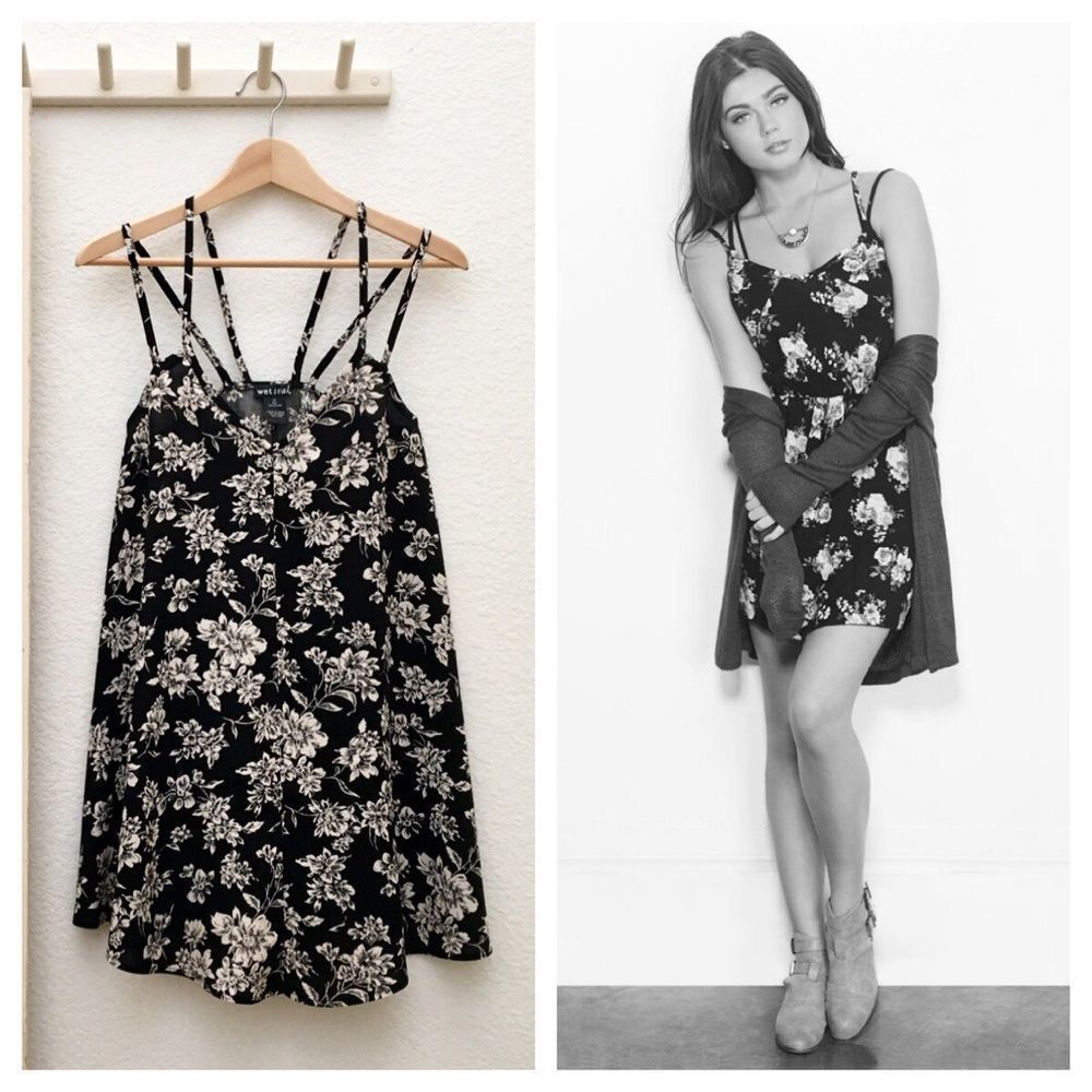 Wet Seal Double Strap Rayon Floral Trapeze Dress, A-line, Black & Cream,…XS